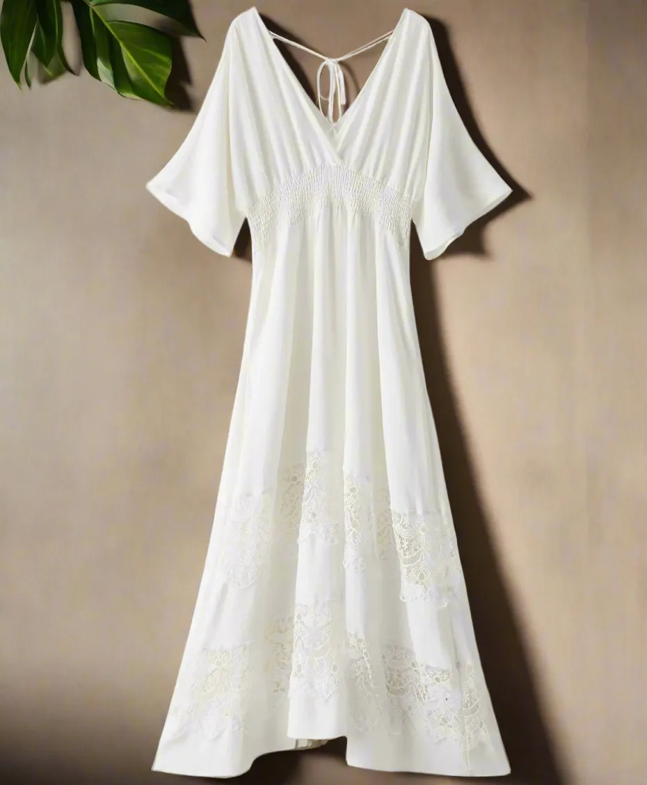 Olaesa Bohemian Lace Maxi Dress For Women - Short Sleeve V Neck, Smocked Waist, Elegant White