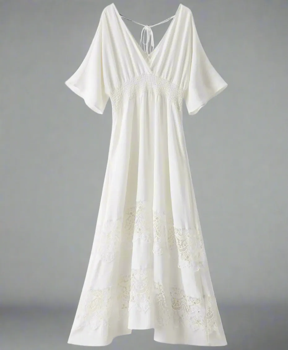 Olaesa Bohemian Lace Maxi Dress For Women - Short Sleeve V Neck, Smocked Waist, Elegant White