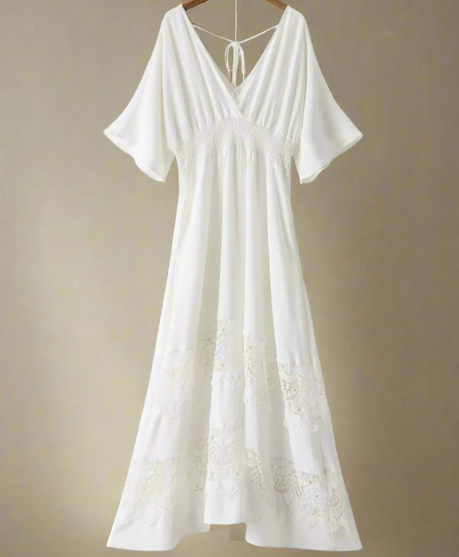 Olaesa Bohemian Lace Maxi Dress For Women - Short Sleeve V Neck, Smocked Waist, Elegant White