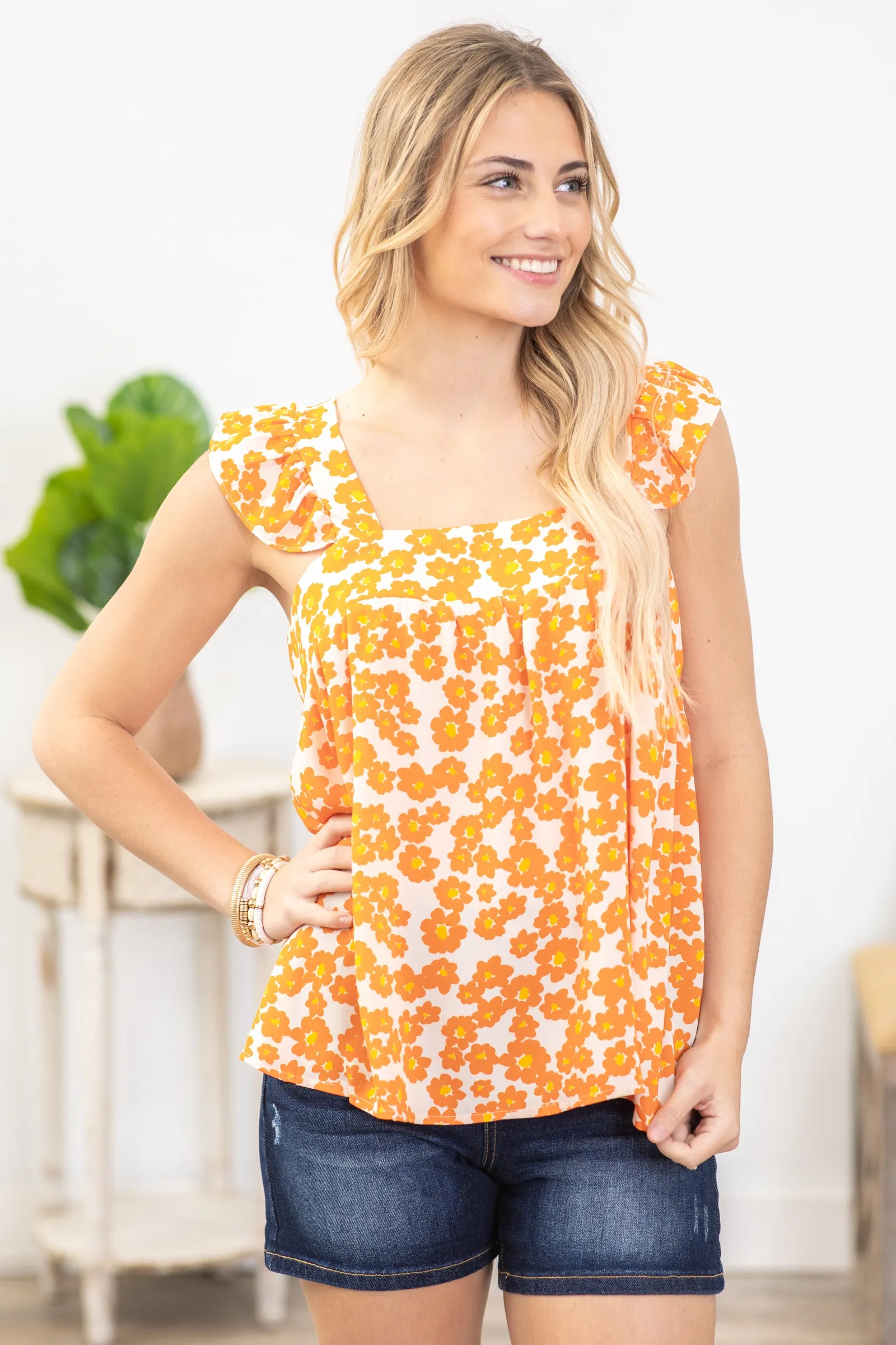 Orange Floral Square Neckline Woven Top