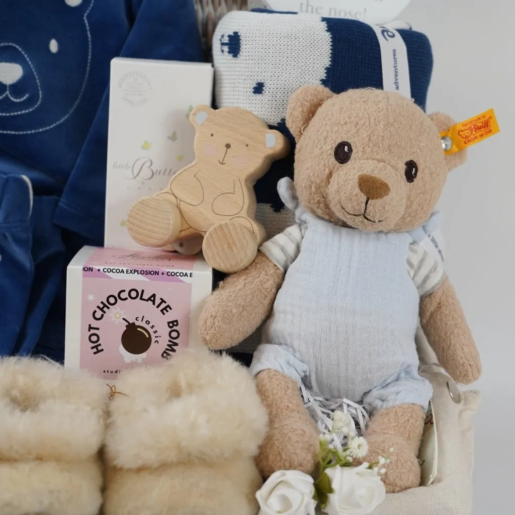 Organic Baby Boy Hamper, Baby Boy Velour Outfit, Teddy Baby Blanket, Organic Steiff Teddy, Alpaca Baby Slippers, Corporate Baby Gift