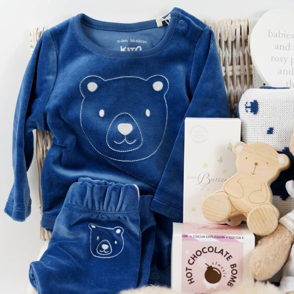 Organic Baby Boy Hamper, Baby Boy Velour Outfit, Teddy Baby Blanket, Organic Steiff Teddy, Alpaca Baby Slippers, Corporate Baby Gift
