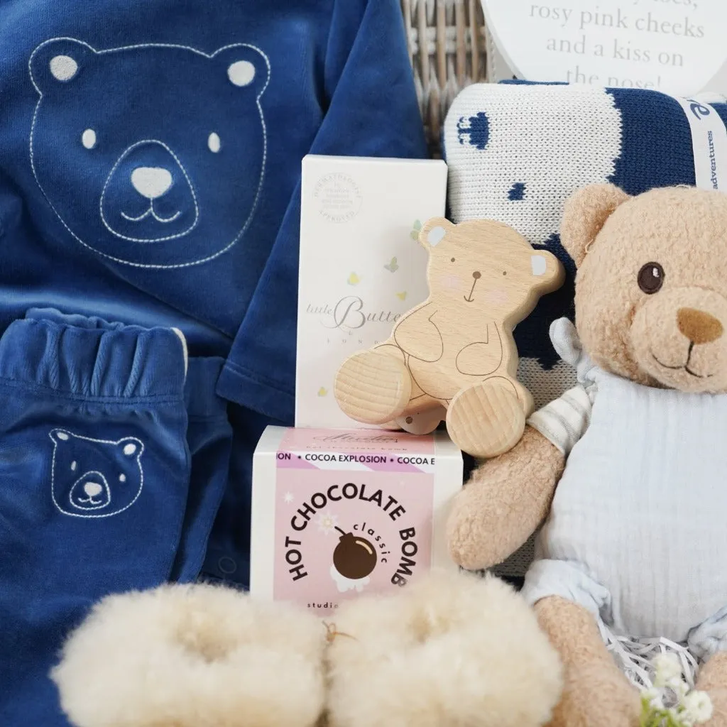 Organic Baby Boy Hamper, Baby Boy Velour Outfit, Teddy Baby Blanket, Organic Steiff Teddy, Alpaca Baby Slippers, Corporate Baby Gift
