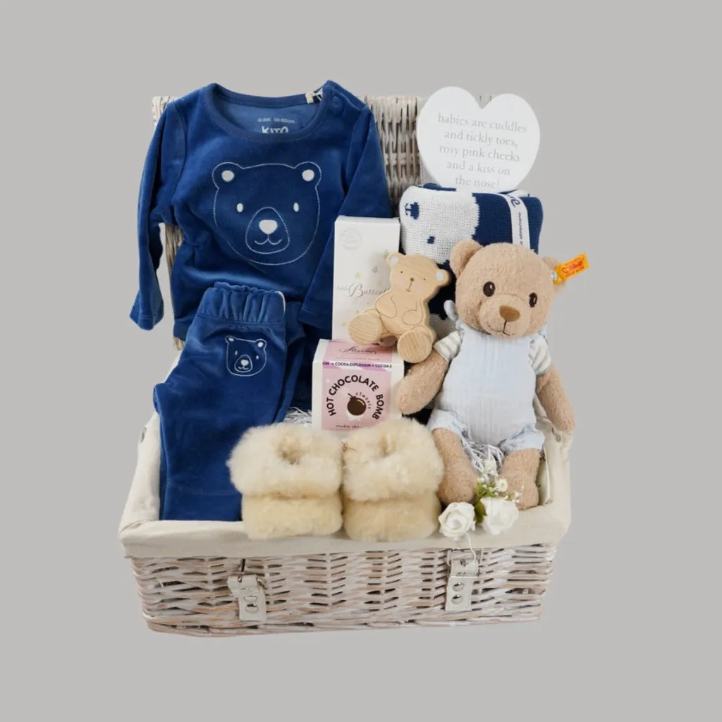 Organic Baby Boy Hamper, Baby Boy Velour Outfit, Teddy Baby Blanket, Organic Steiff Teddy, Alpaca Baby Slippers, Corporate Baby Gift