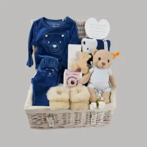 Organic Baby Boy Hamper, Baby Boy Velour Outfit, Teddy Baby Blanket, Organic Steiff Teddy, Alpaca Baby Slippers, Corporate Baby Gift