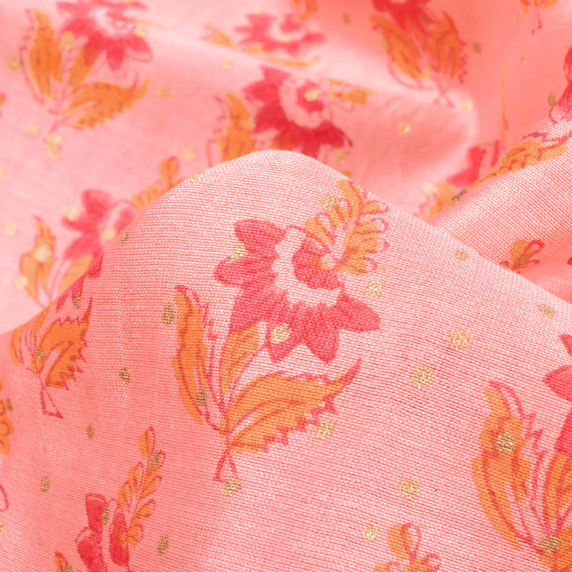 Peach And Fuchsia Booti Pattern Handblock Pure Banarasi Chanderi Fabric