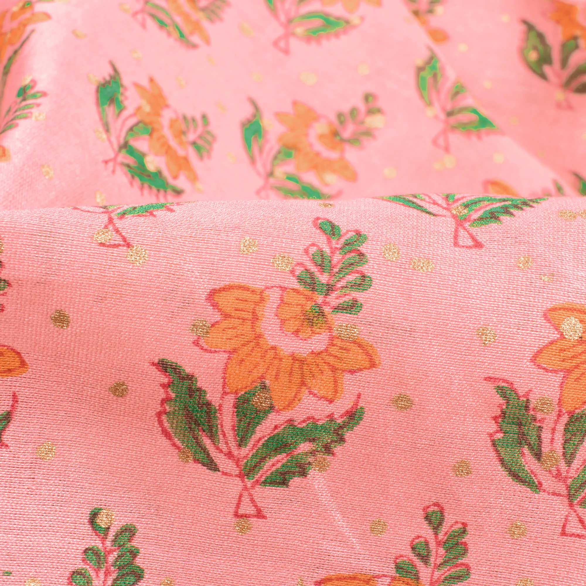 Peach And Orange Booti Pattern Handblock Pure Banarasi Chanderi Fabric