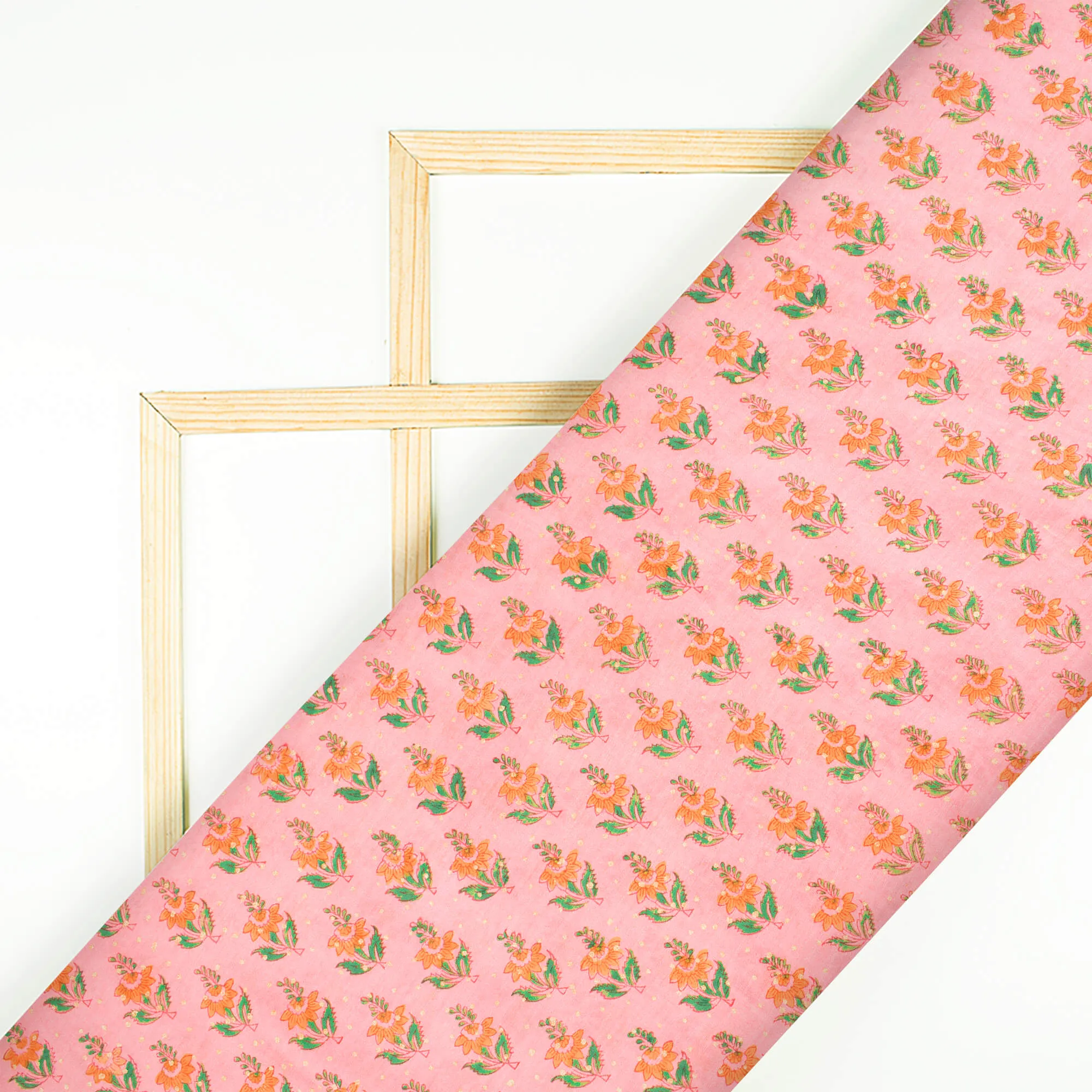 Peach And Orange Booti Pattern Handblock Pure Banarasi Chanderi Fabric