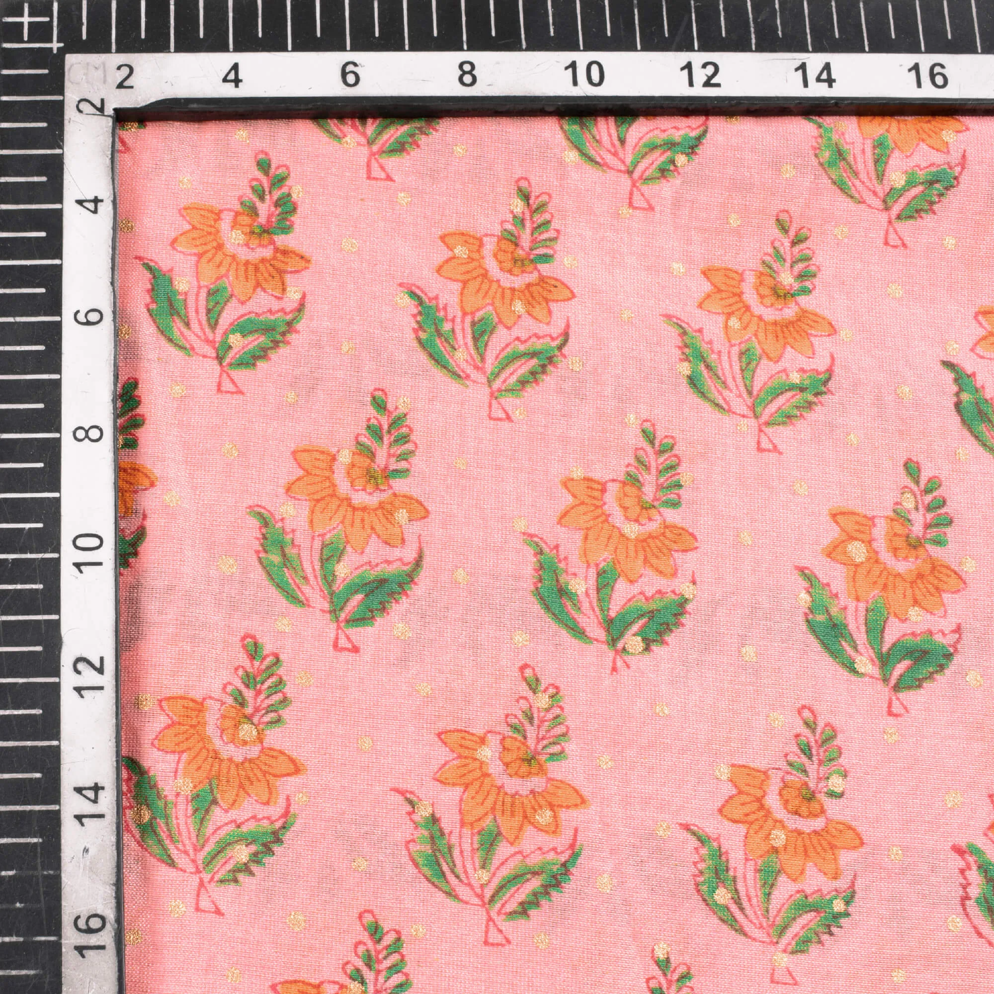 Peach And Orange Booti Pattern Handblock Pure Banarasi Chanderi Fabric