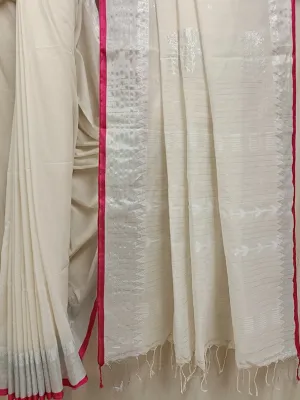 Pink & Silver Zari, Off White Handloom Soft Cotton Saree