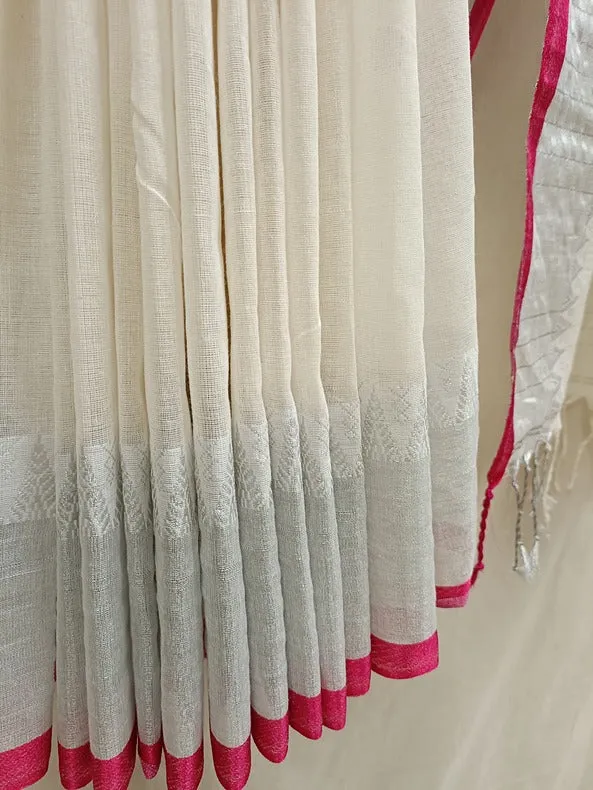 Pink & Silver Zari, Off White Handloom Soft Cotton Saree