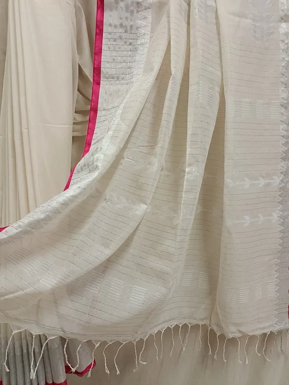 Pink & Silver Zari, Off White Handloom Soft Cotton Saree