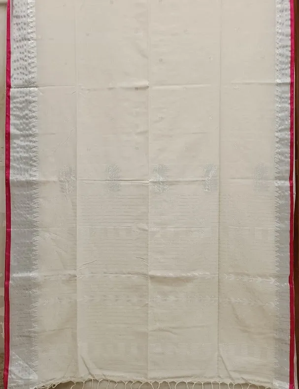 Pink & Silver Zari, Off White Handloom Soft Cotton Saree