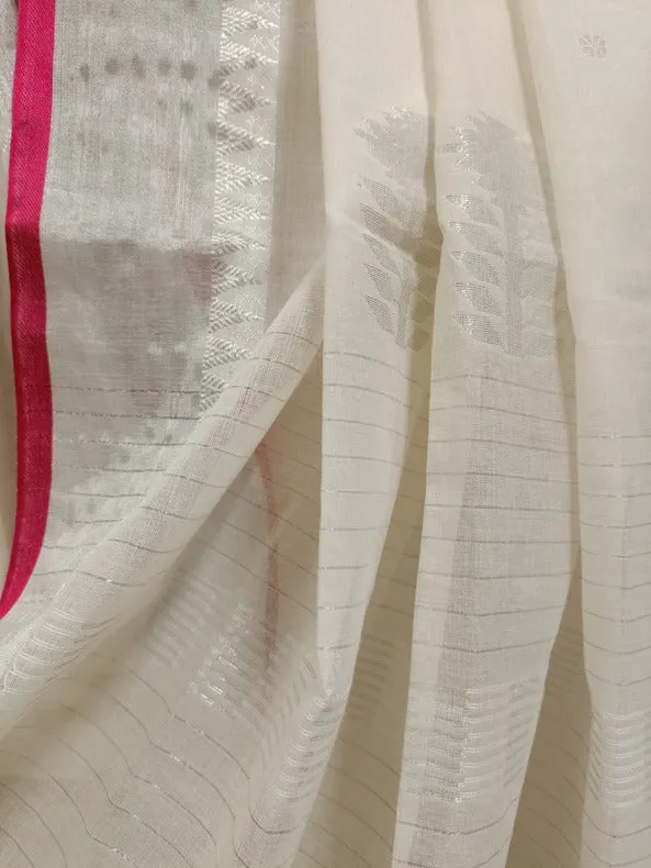 Pink & Silver Zari, Off White Handloom Soft Cotton Saree