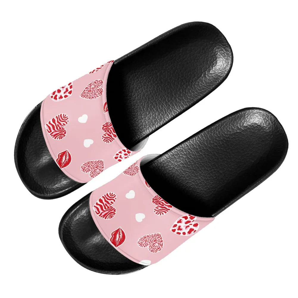 Pink Heart & Kiss Print Slide Sandals