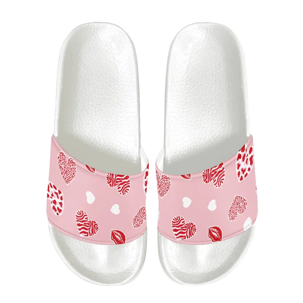 Pink Heart & Kiss Print Slide Sandals