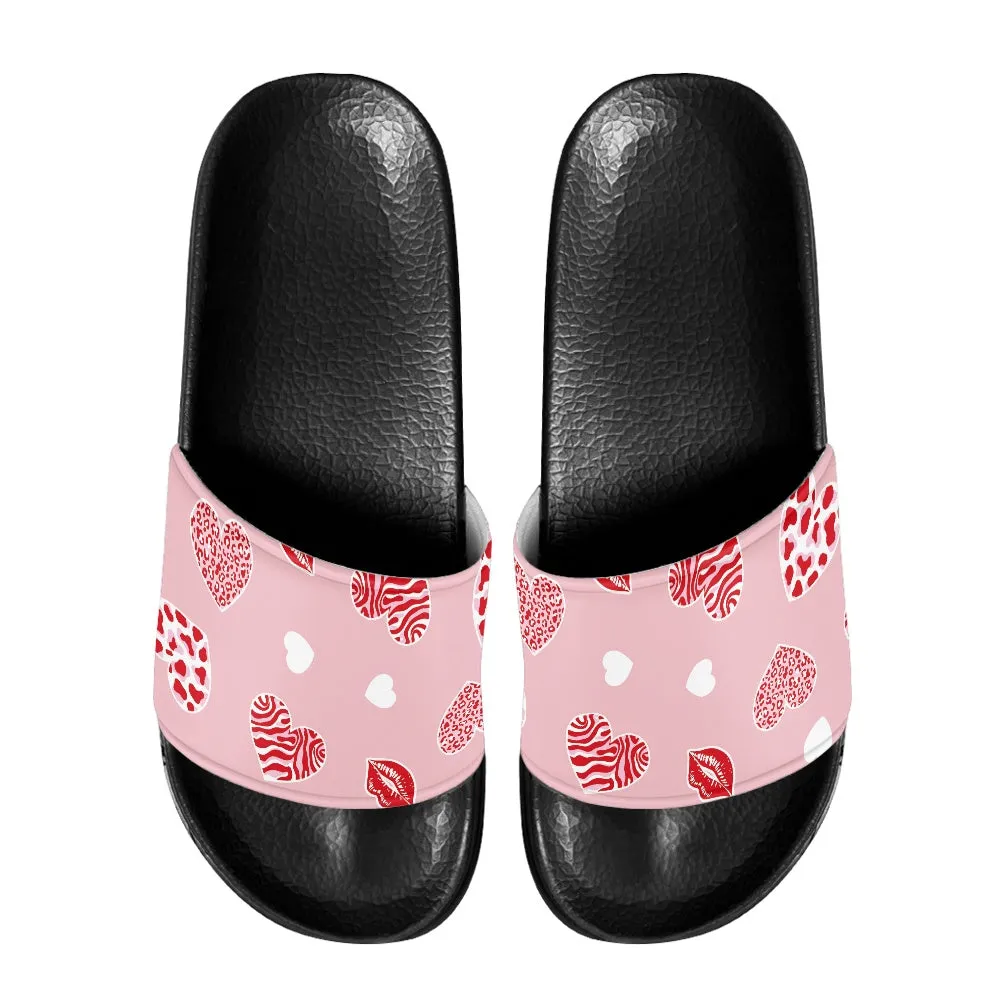 Pink Heart & Kiss Print Slide Sandals