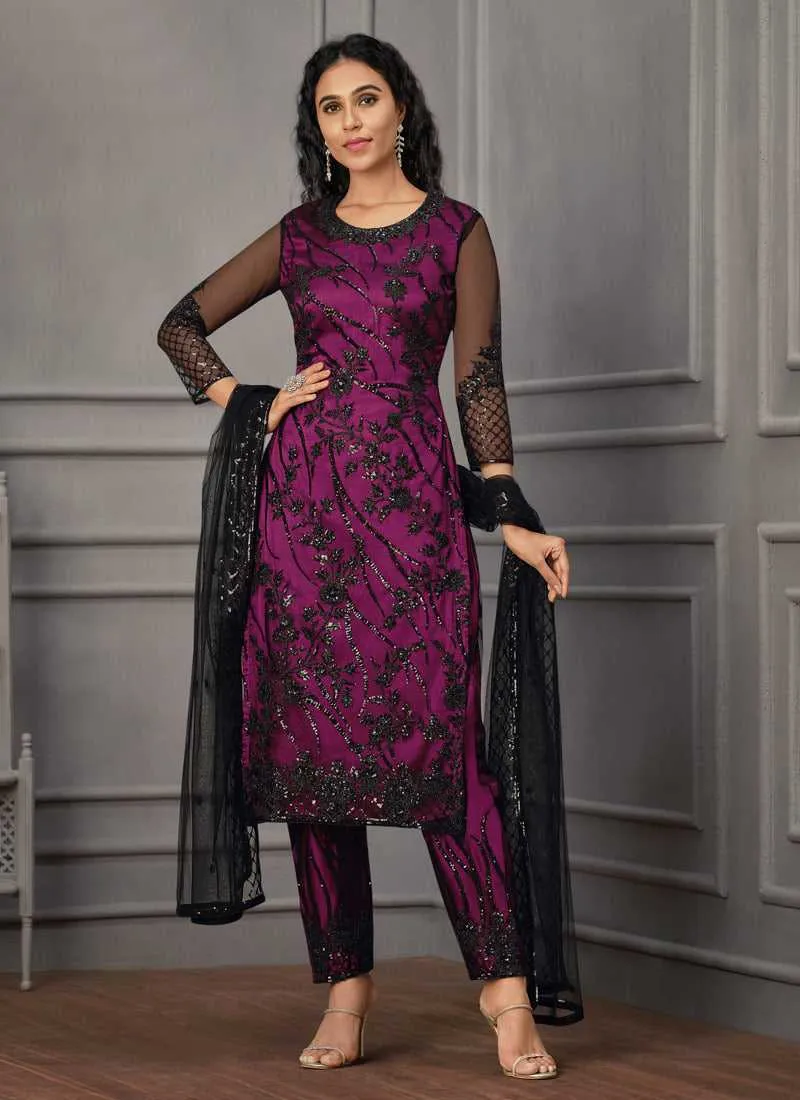 Purple Heavy Embroidered Designer Stylish Pant Suit