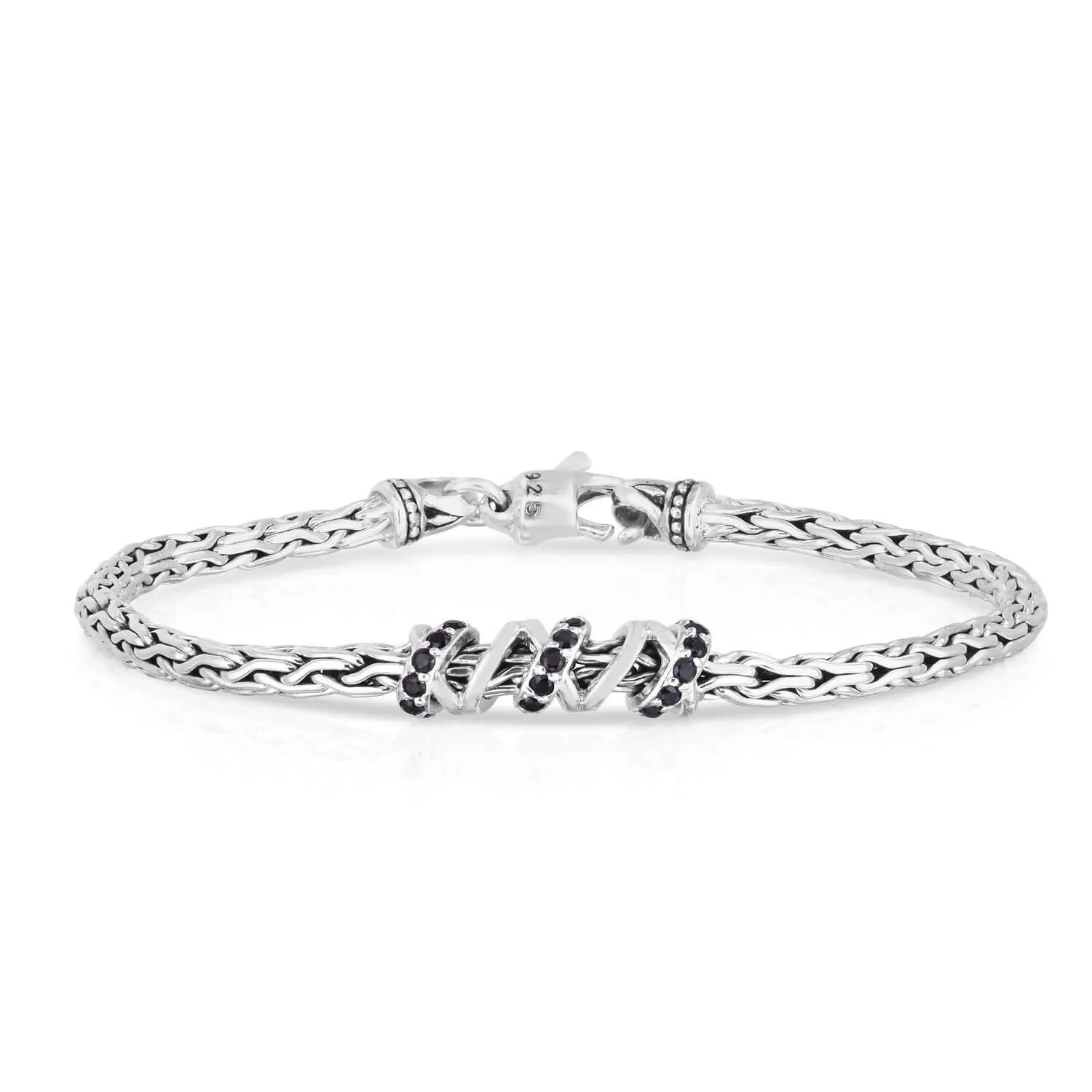Silver & Black Sapphire Woven Spiral Chain Bracelet