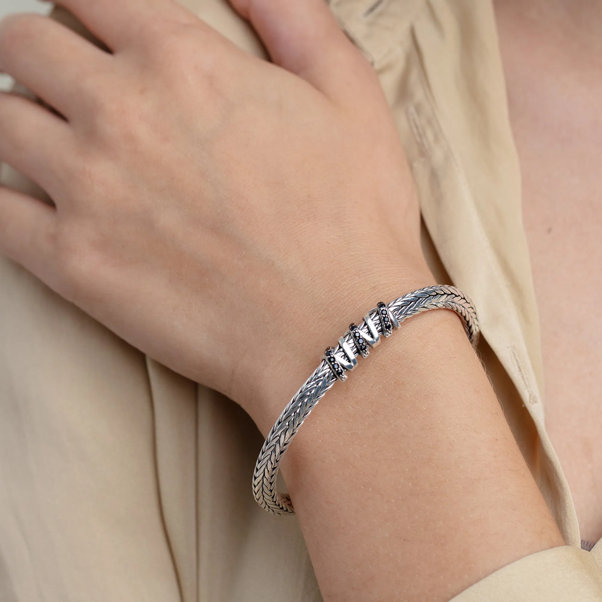Silver & Black Sapphire Woven Spiral Chain Bracelet