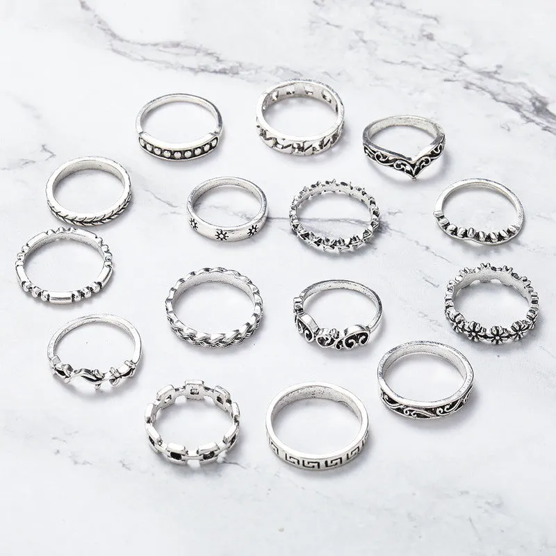 Silver Plated 15 Piece Funky Ring Set