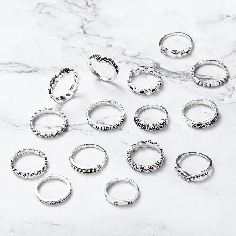 Silver Plated 15 Piece Funky Ring Set
