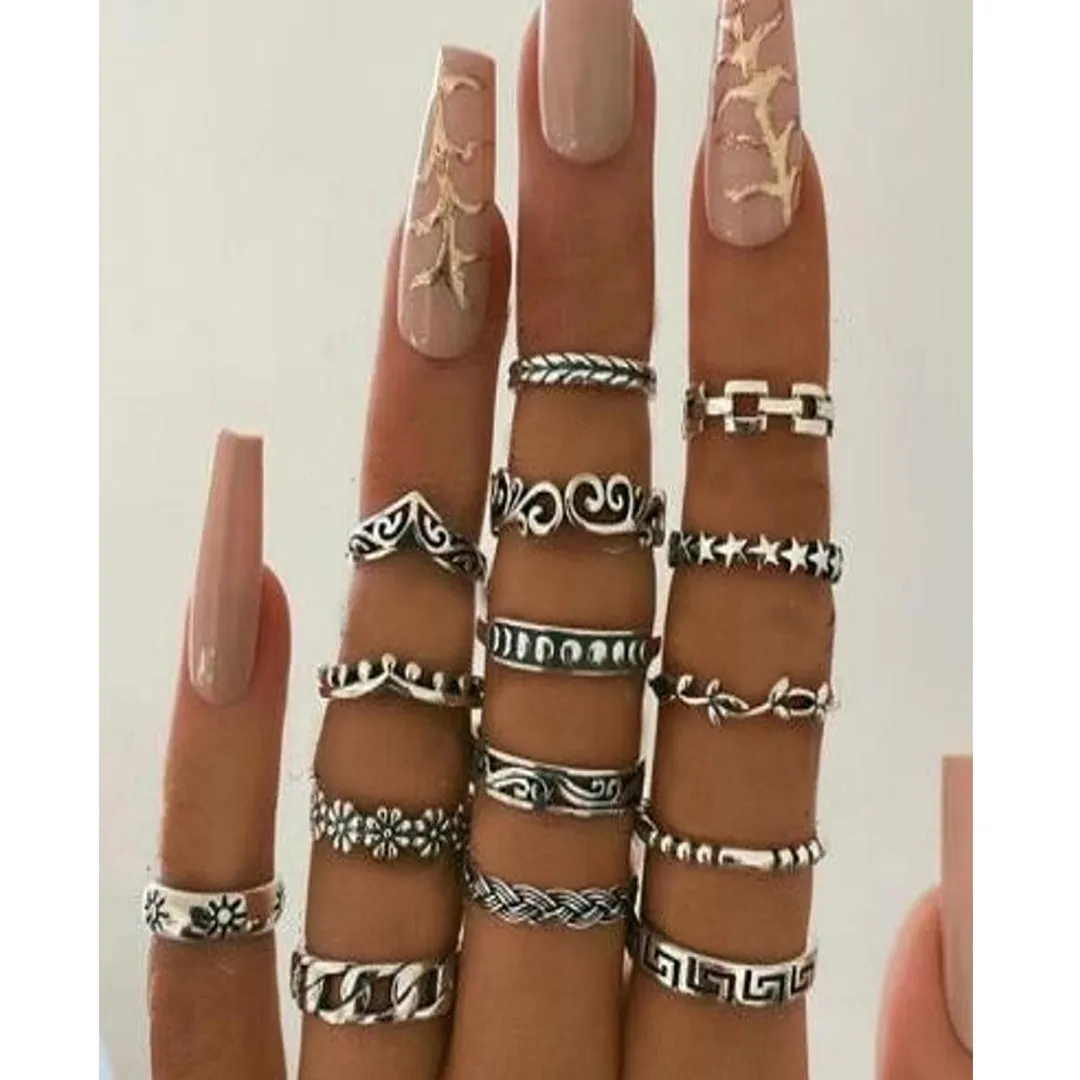 Silver Plated 15 Piece Funky Ring Set