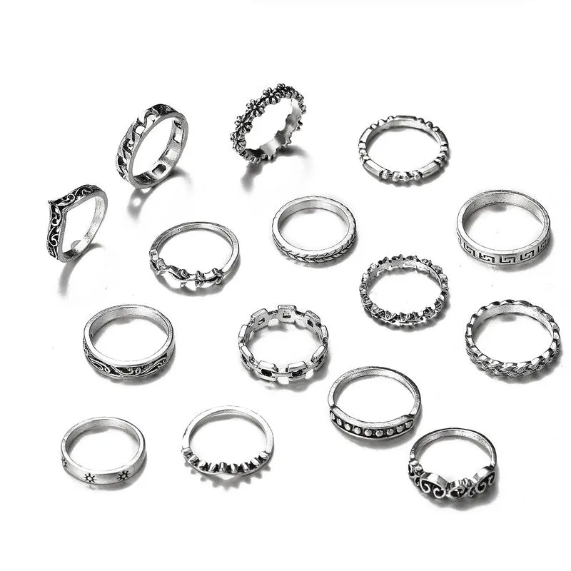 Silver Plated 15 Piece Funky Ring Set