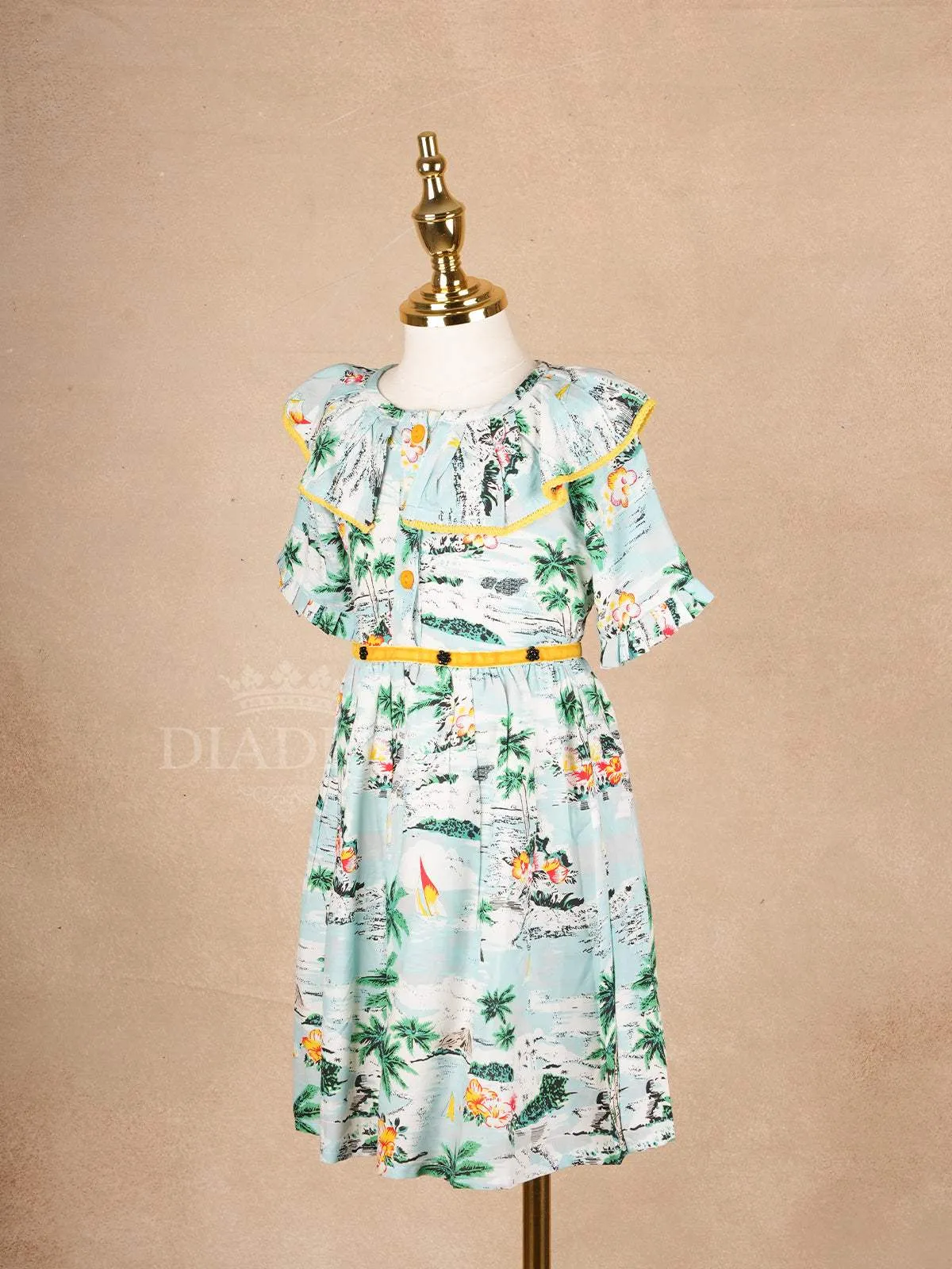 Sky Blue Cotton Frock Adorned with Tree and Boat Designs for Girls