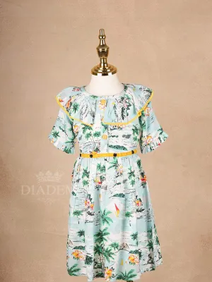 Sky Blue Cotton Frock Adorned with Tree and Boat Designs for Girls