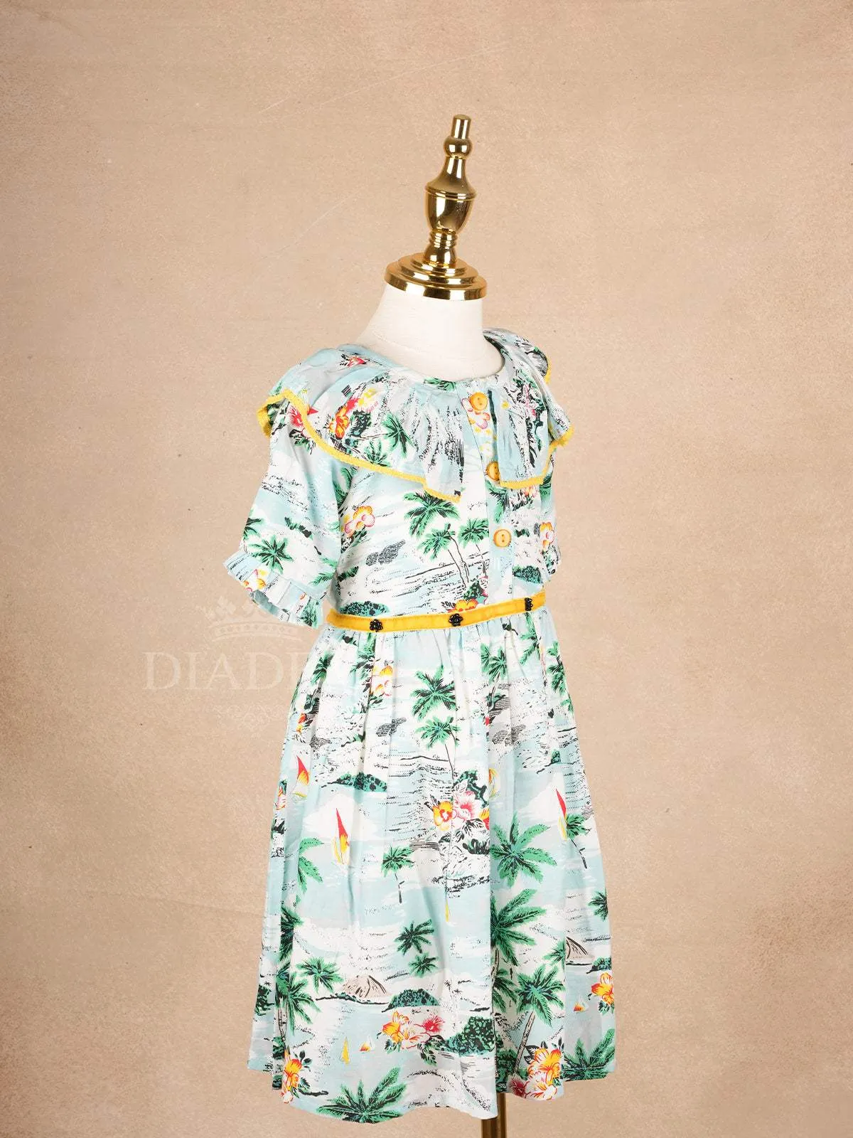 Sky Blue Cotton Frock Adorned with Tree and Boat Designs for Girls