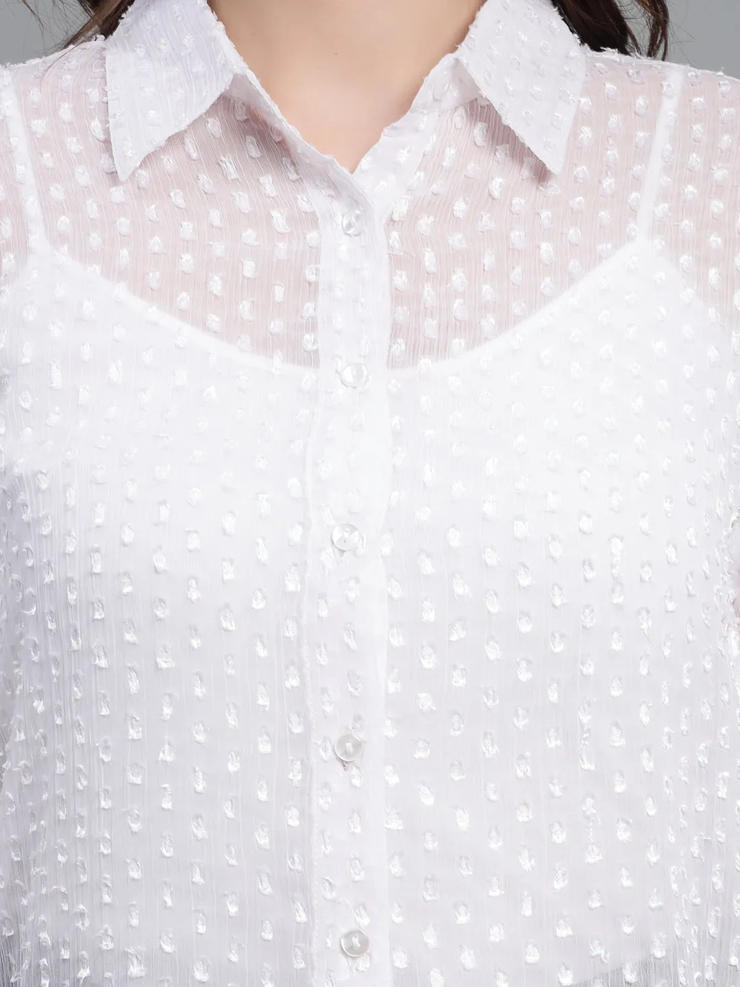 Style Quotient Women White Self Design Swiss Dot Polyester Smart Casual Shirt