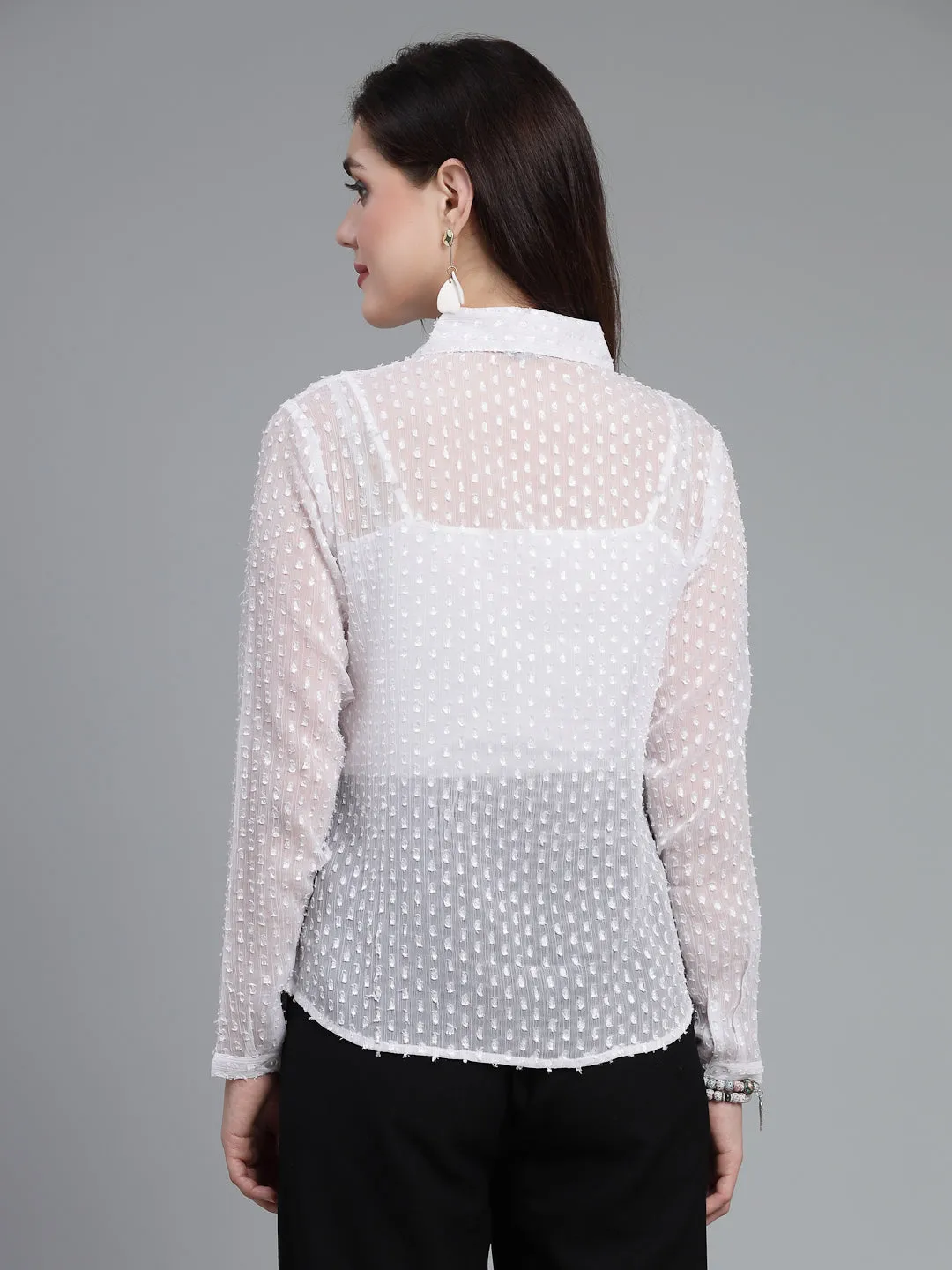Style Quotient Women White Self Design Swiss Dot Polyester Smart Casual Shirt