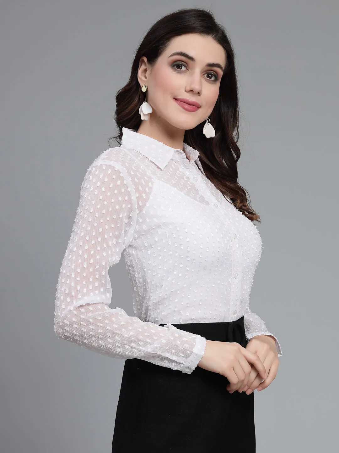 Style Quotient Women White Self Design Swiss Dot Polyester Smart Casual Shirt