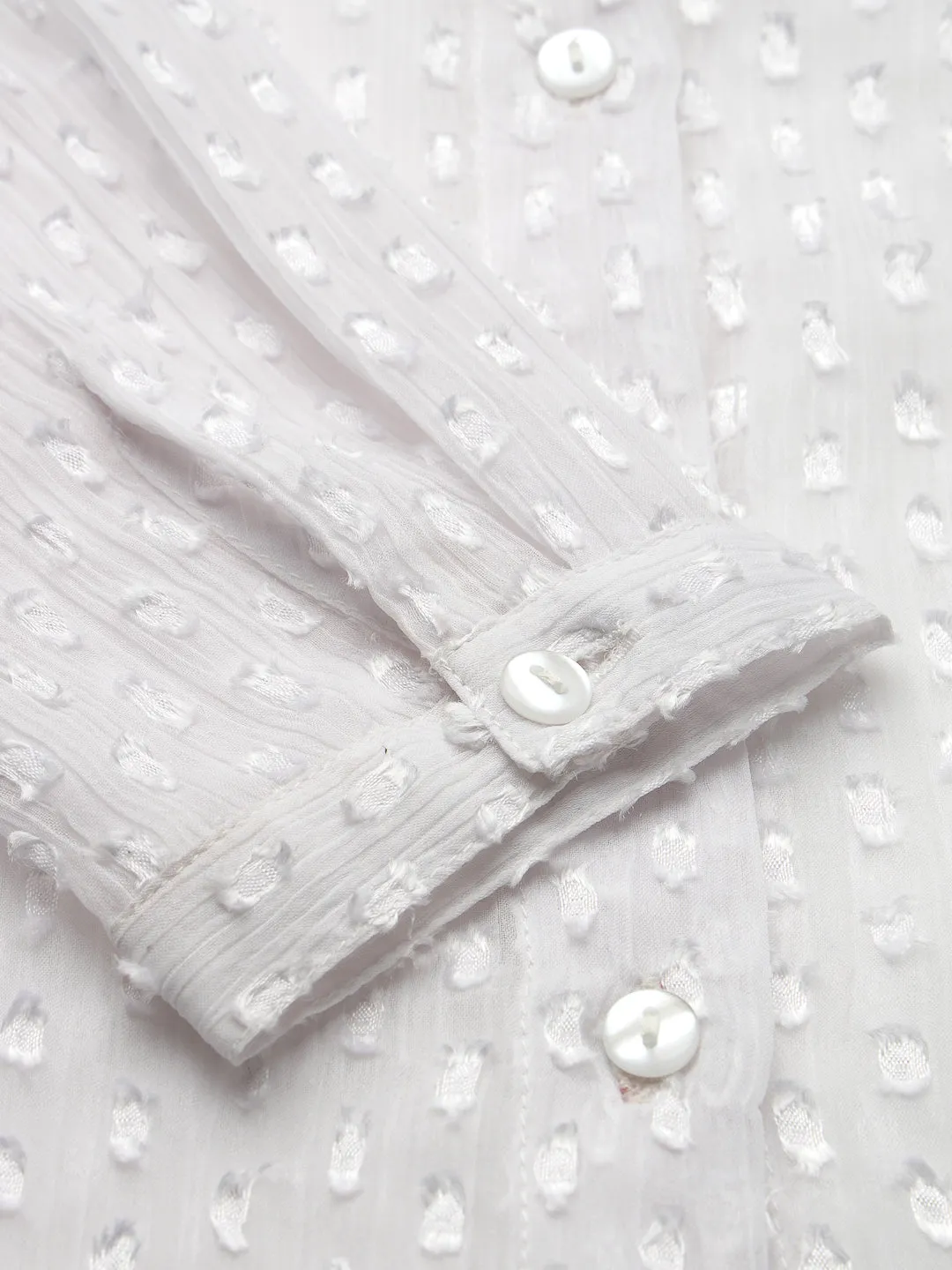 Style Quotient Women White Self Design Swiss Dot Polyester Smart Casual Shirt