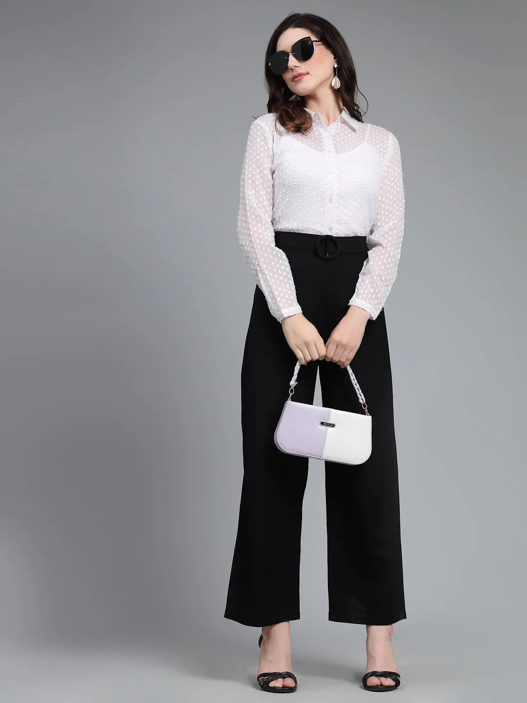 Style Quotient Women White Self Design Swiss Dot Polyester Smart Casual Shirt