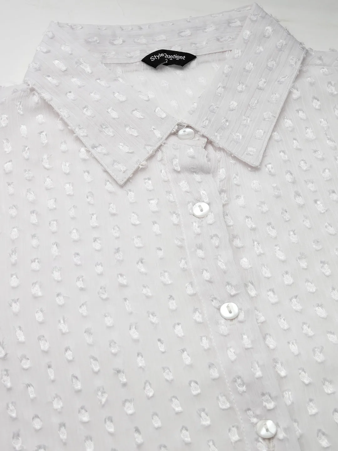 Style Quotient Women White Self Design Swiss Dot Polyester Smart Casual Shirt