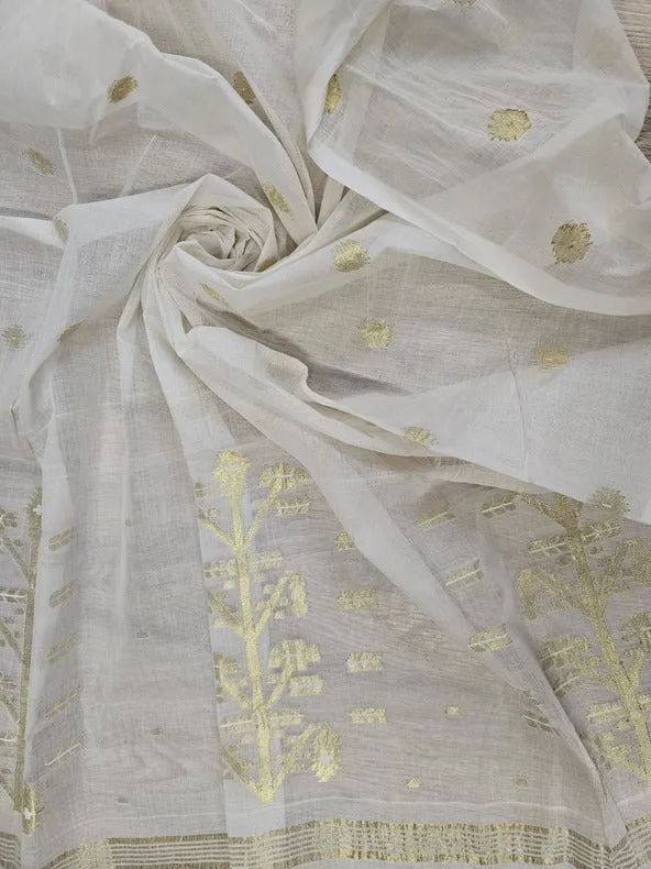 The Elegance of Handloom – Off-White & Gold Cotton Jamdani Saree | Balaram Saha