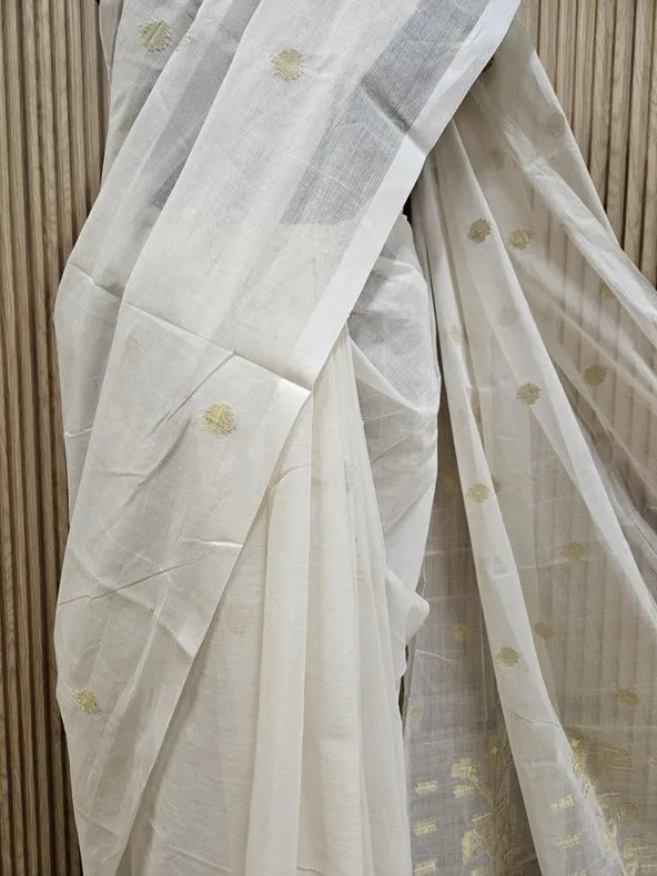 The Elegance of Handloom – Off-White & Gold Cotton Jamdani Saree | Balaram Saha