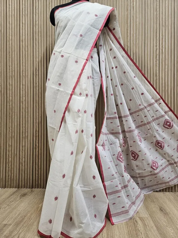 The Essence of Bengal Weaves – Off-White & Red Jamdani Saree | Balaram Saha