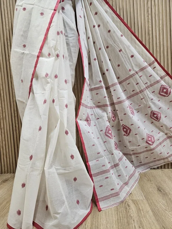 The Essence of Bengal Weaves – Off-White & Red Jamdani Saree | Balaram Saha