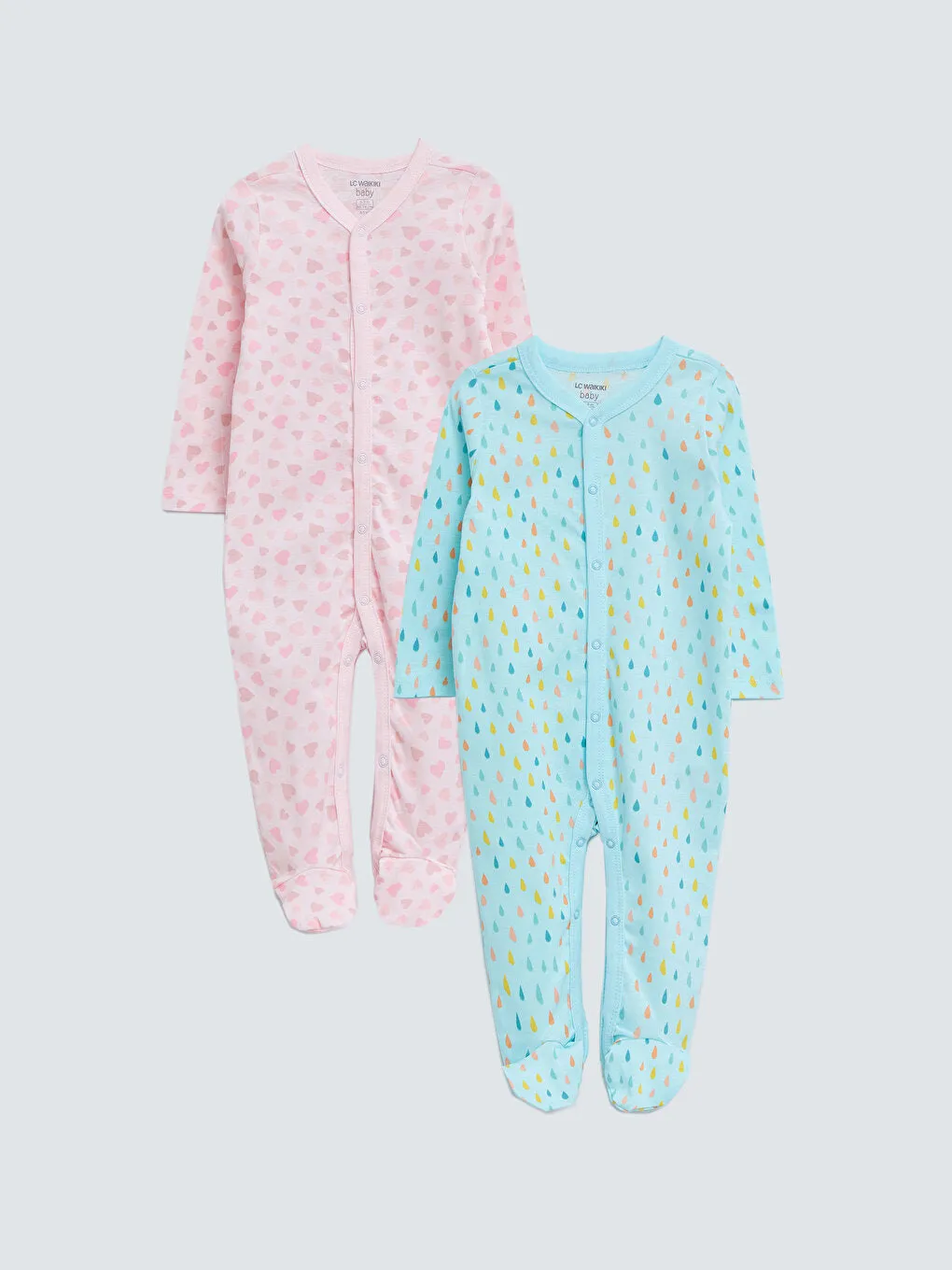 V-neck Long Sleeve Printed Cotton Baby Girl Jumpsuit 2-pack
