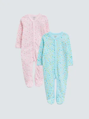 V-neck Long Sleeve Printed Cotton Baby Girl Jumpsuit 2-pack