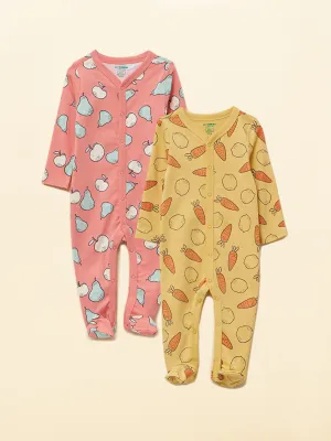 V-neck Long Sleeve Printed Organic Cotton Baby Girl Jumpsuit 2-pack