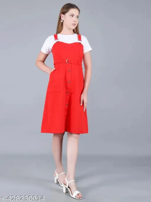 Western Cotton Striped Women Dungaree Dress with Belt Pinafore Red Stylish OnePiece Skirt best for Beach  Travel  Casual wear