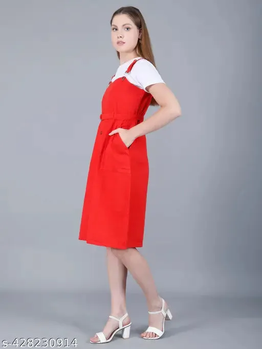 Western Cotton Striped Women Dungaree Dress with Belt Pinafore Red Stylish OnePiece Skirt best for Beach  Travel  Casual wear