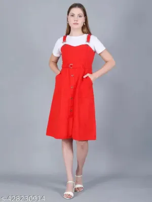 Western Cotton Striped Women Dungaree Dress with Belt Pinafore Red Stylish OnePiece Skirt best for Beach  Travel  Casual wear