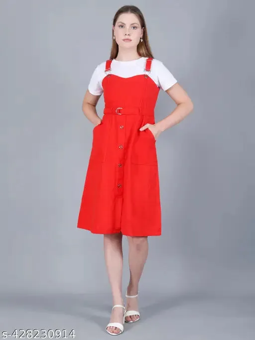 Western Cotton Striped Women Dungaree Dress with Belt Pinafore Red Stylish OnePiece Skirt best for Beach  Travel  Casual wear