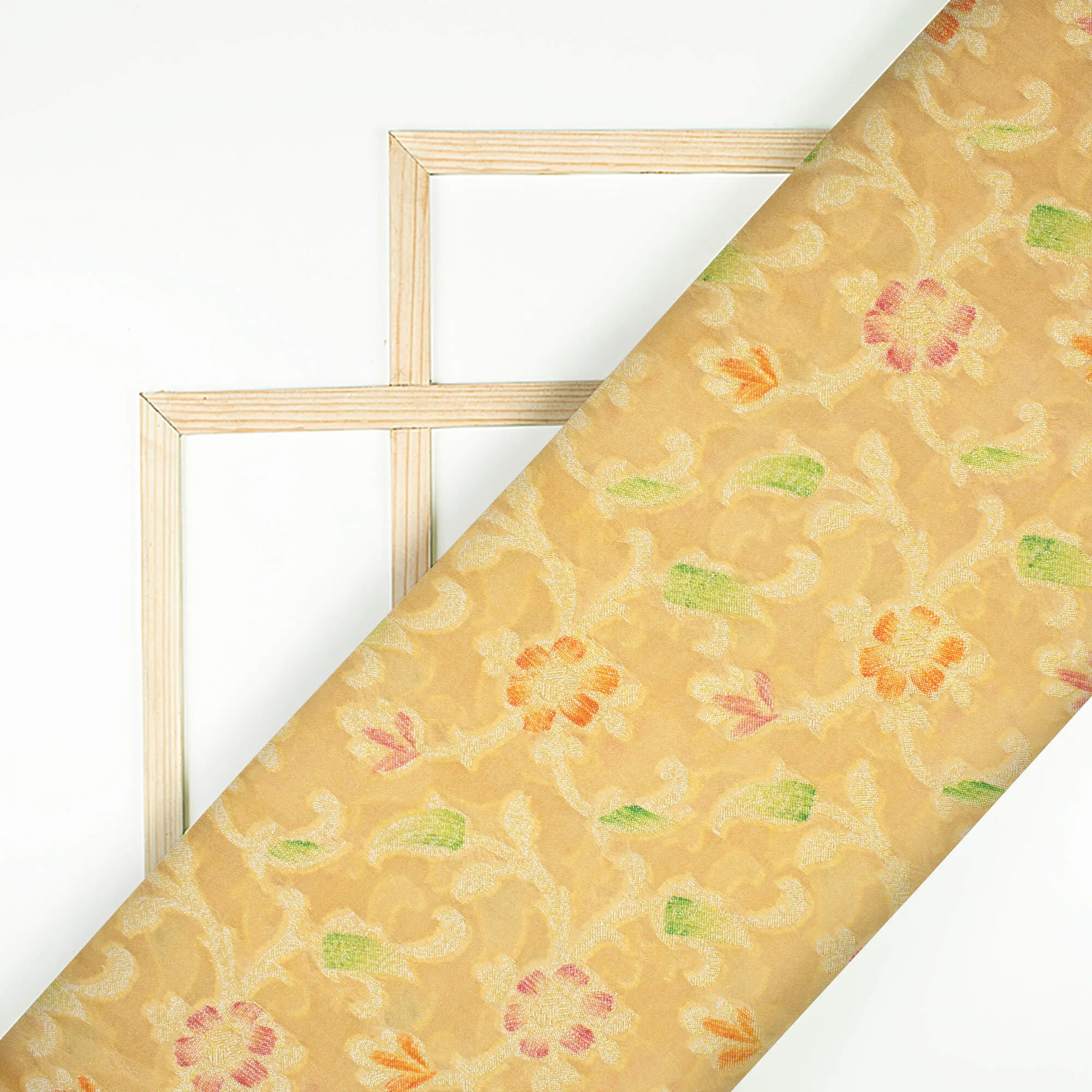 Wheat Beige And Red Floral Pattern Zari Jacquard Banarasi Chiffon Satin Fabric