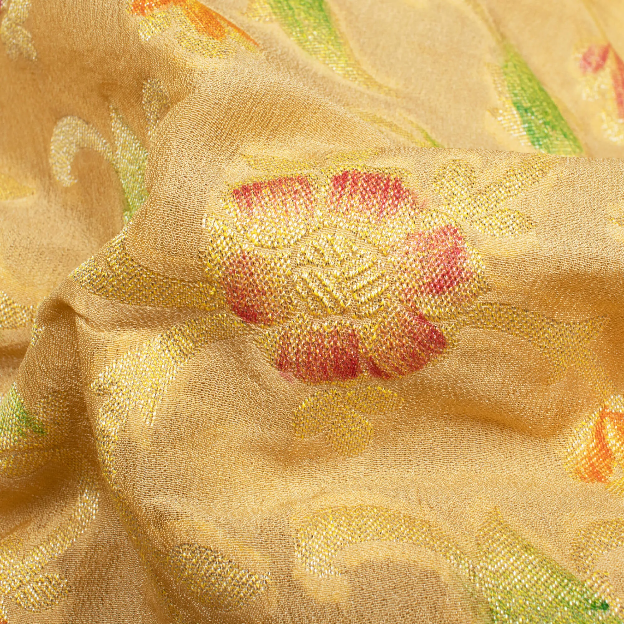 Wheat Beige And Red Floral Pattern Zari Jacquard Banarasi Chiffon Satin Fabric